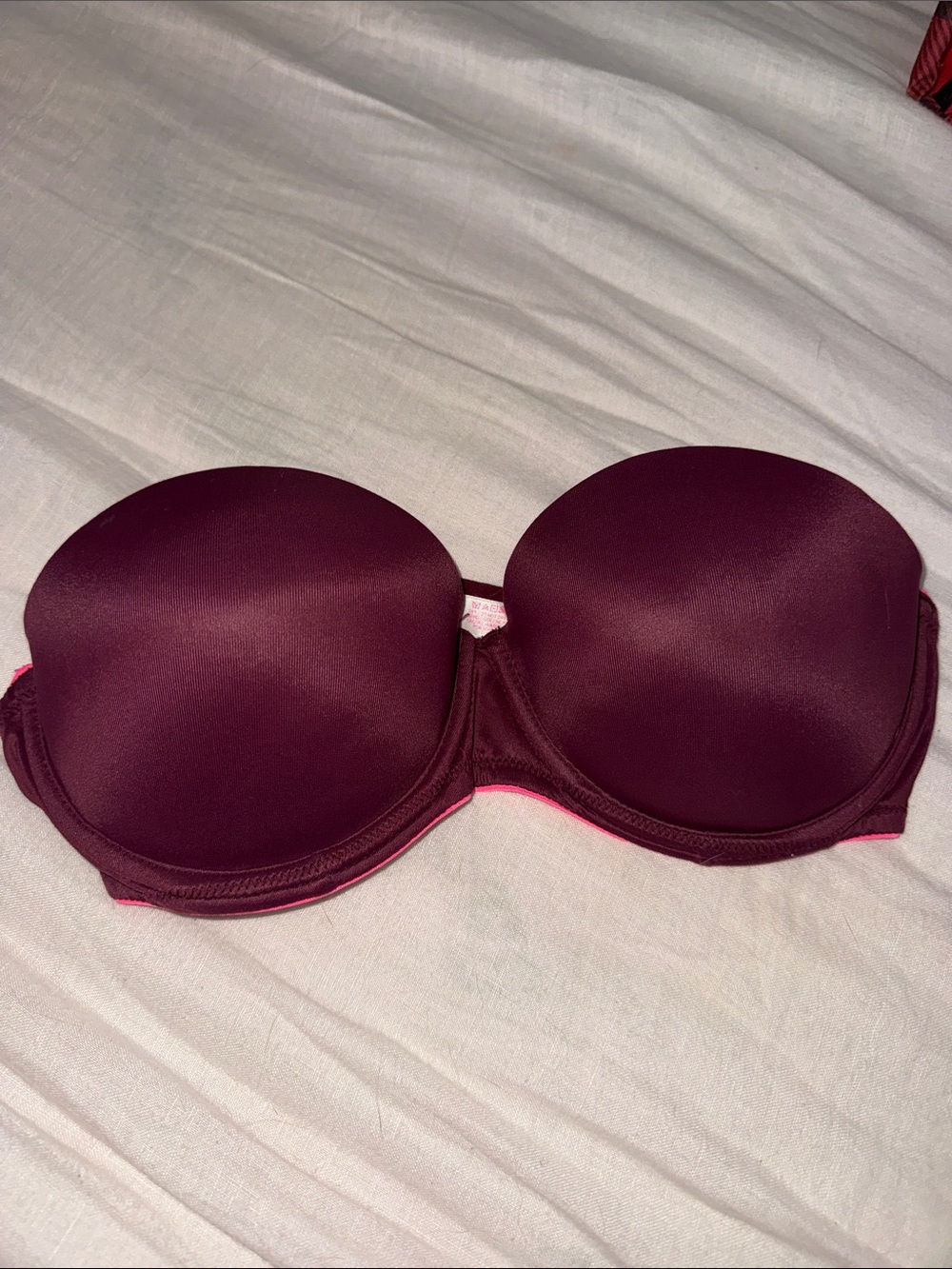 PINK Victoria's Secret Strapless Bandeau Bra - Deep Wine with Pink Trim